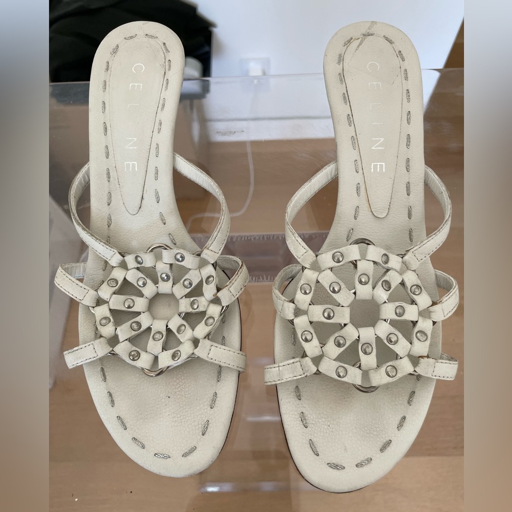 Vintage Celine Paris White Leather Web Studded Heel Sandals